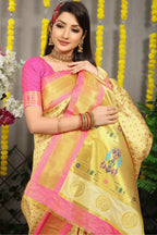 Jyoti Fashion Women's Cream Banarasi Silk Zari Woven Saree with Blouse