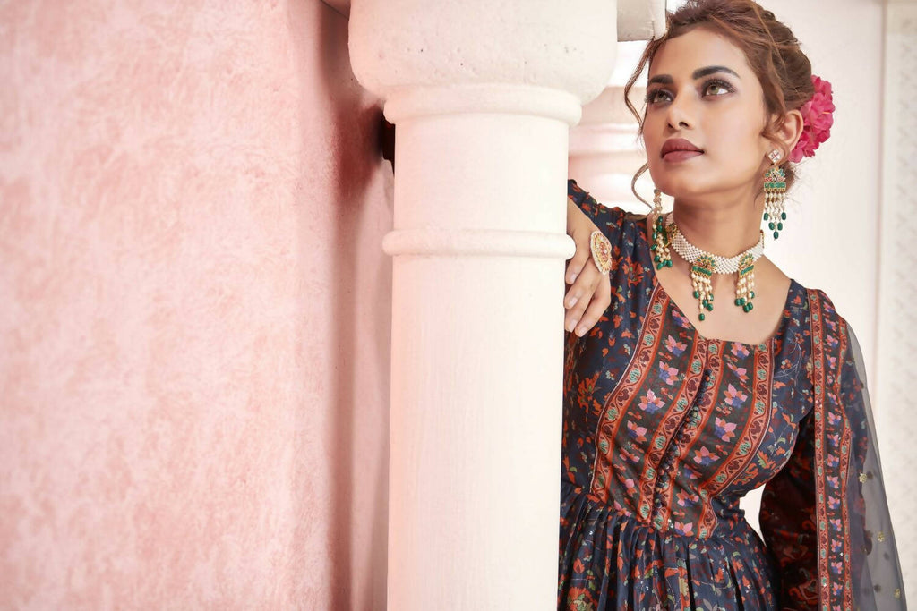 Everywhere Designer Navy Blue Dola Silk Gown With Dupatta - Anbazaar - Distacart
