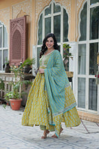 Vastranavya Lime Green Pure Cotton Printed Top with Pant & Dupatta Set