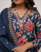 The52 Blue Women's Gorgeous Printed Pure Russian Silk Fabric Straight Kurta Pant with Dupatta Set - Distacart