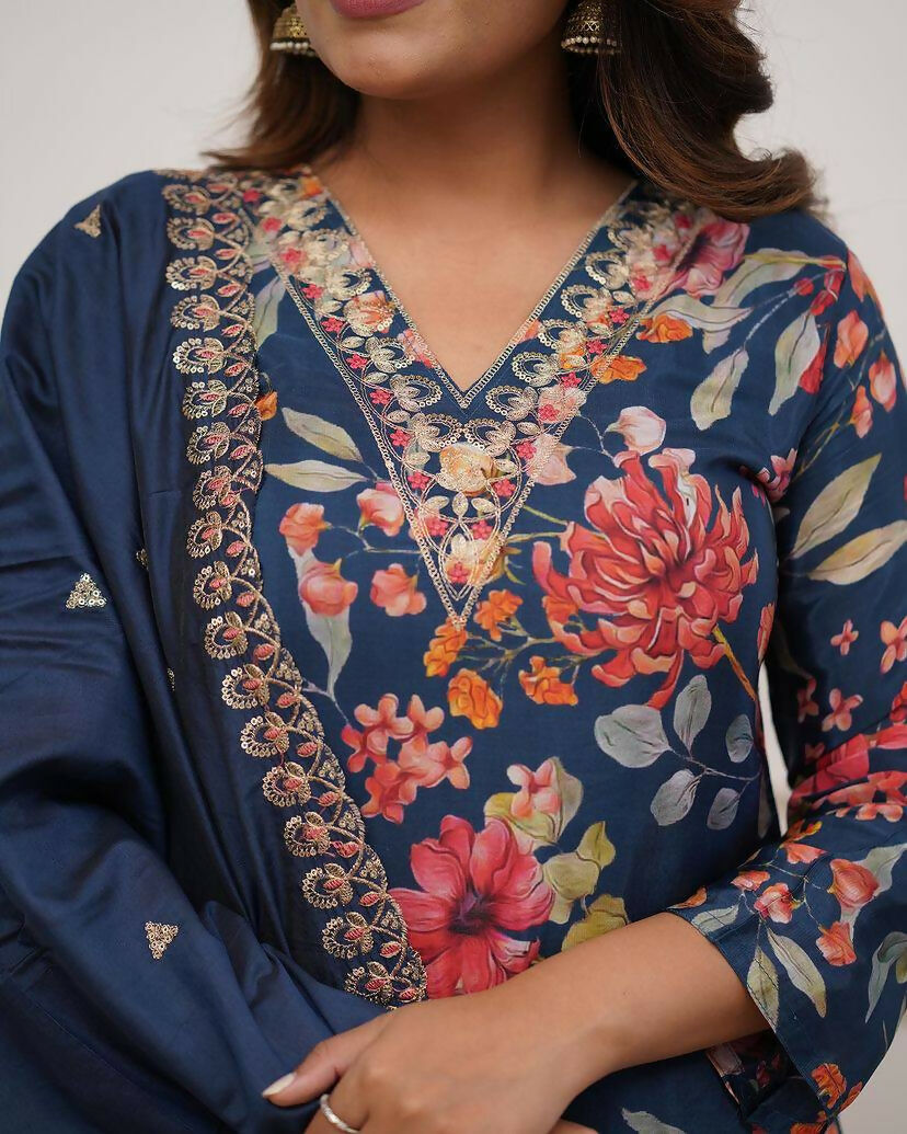 The52 Blue Women's Gorgeous Printed Pure Russian Silk Fabric Straight Kurta Pant with Dupatta Set - Distacart