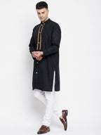 Even Apparels Black Linen Men's Sherwani Kurta With Decorative Placket - Distacart