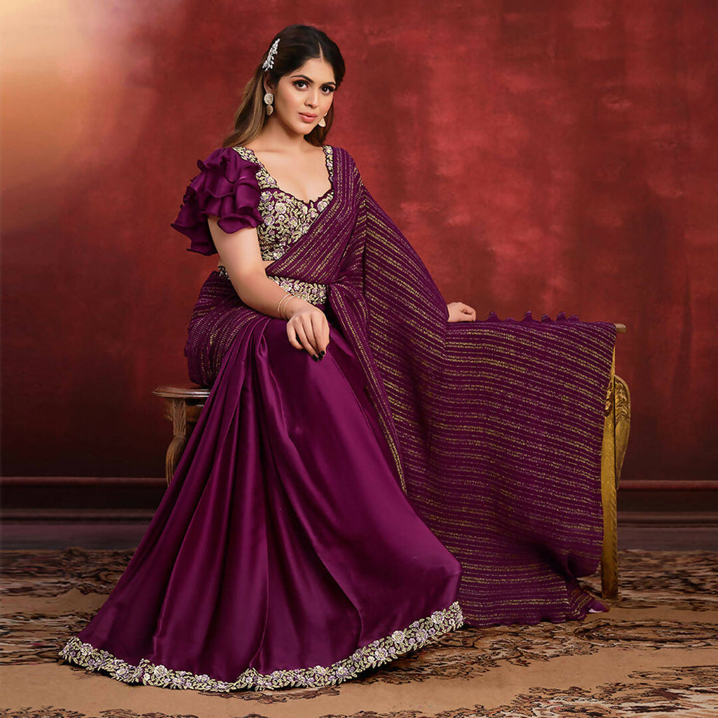 Magenta Crepe Satin Silk Sequence Thread & Stone Work/ Texture Pallu Saree - Mohmanthan Kimiya