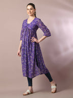 Myshka Women's Purple Printed Georgette A-Line Nyra-cut Kurta