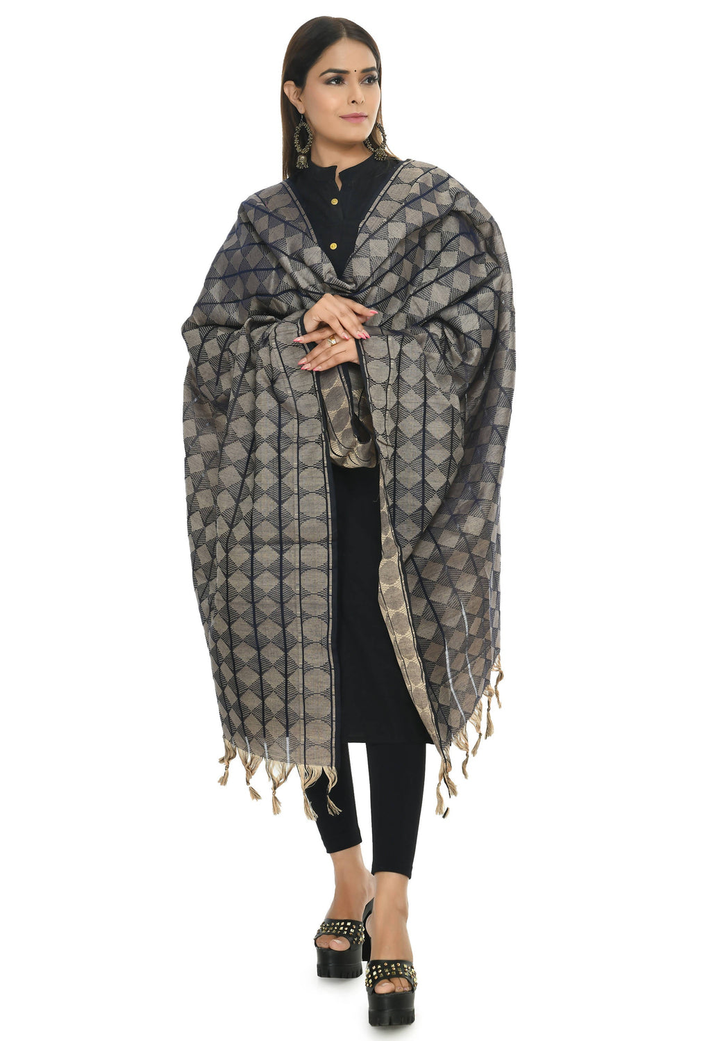 Mominos Fashion Moeza Beautiful Handloom Cotton Navy Blue Dupatta - Distacart