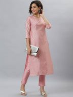 Janasya Mauve Woven Design Kurta with Trousers - Distacart