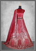 Red Satin Silk Cord and sequins Floral embroidery Bridal lahenga Choli with Dupatta - Nimaya Pavitra Rista