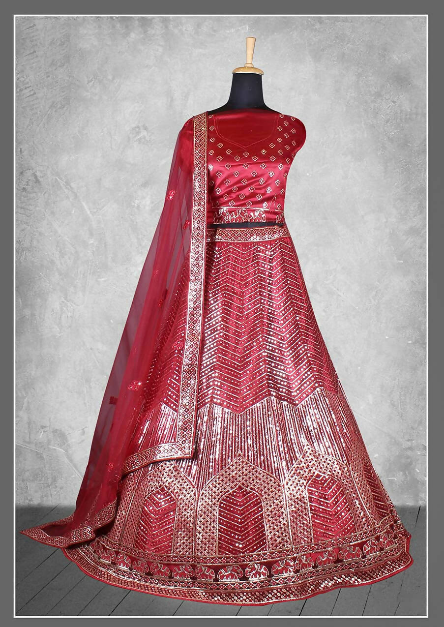 Red Satin Silk Cord and sequins Floral embroidery Bridal lahenga Choli with Dupatta - Nimaya Pavitra Rista