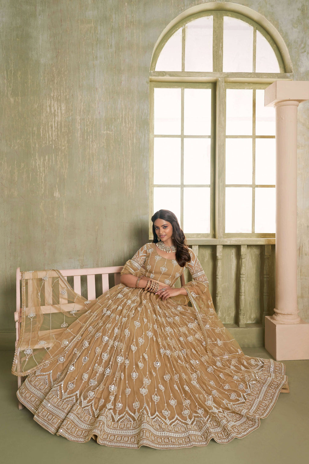 Eilara Classical Khaki Net A - Line Lehenga Choli