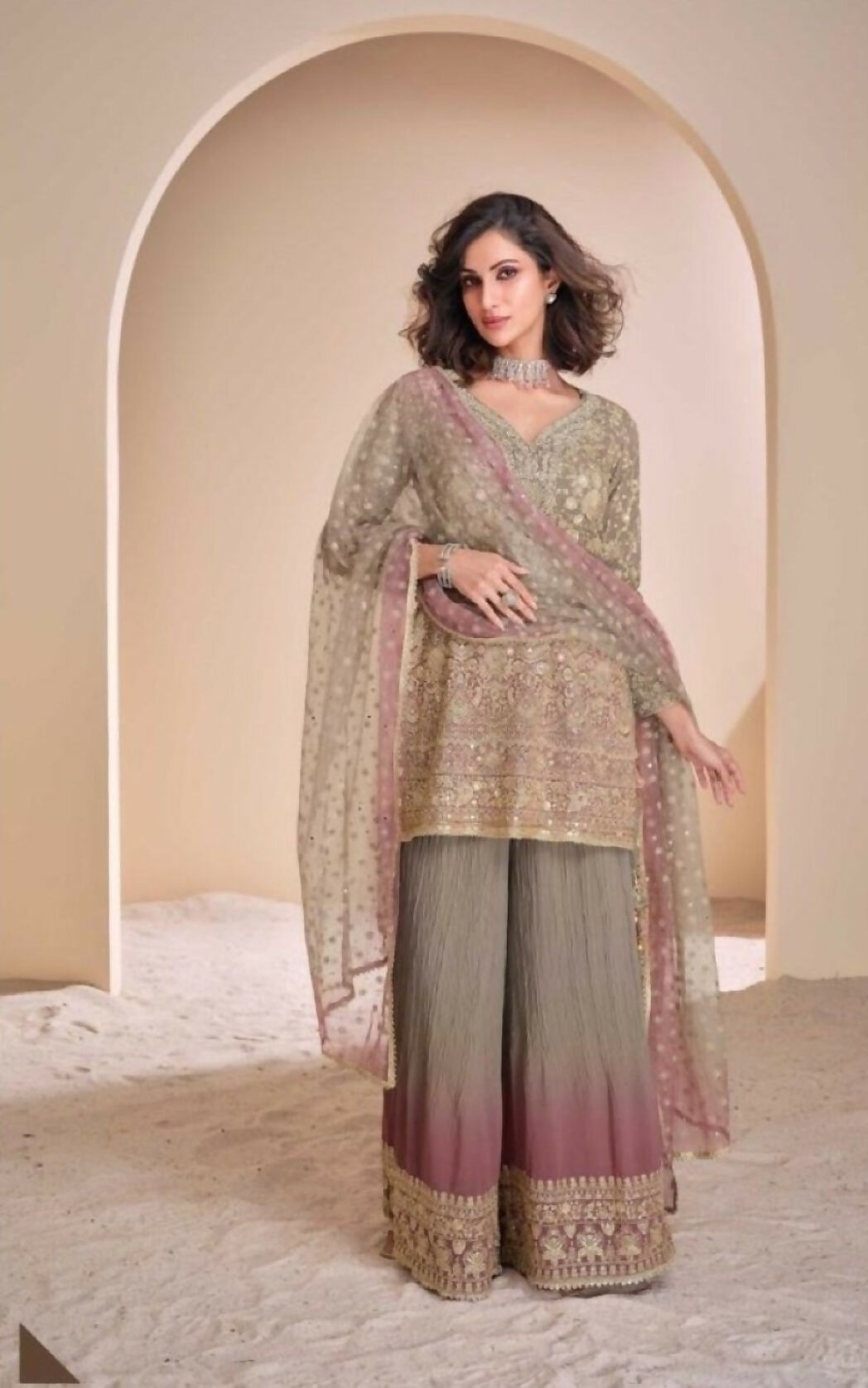 Anaita Brown Georgette Readymade Suit with Codding Dori & Sequence Work - Distacart