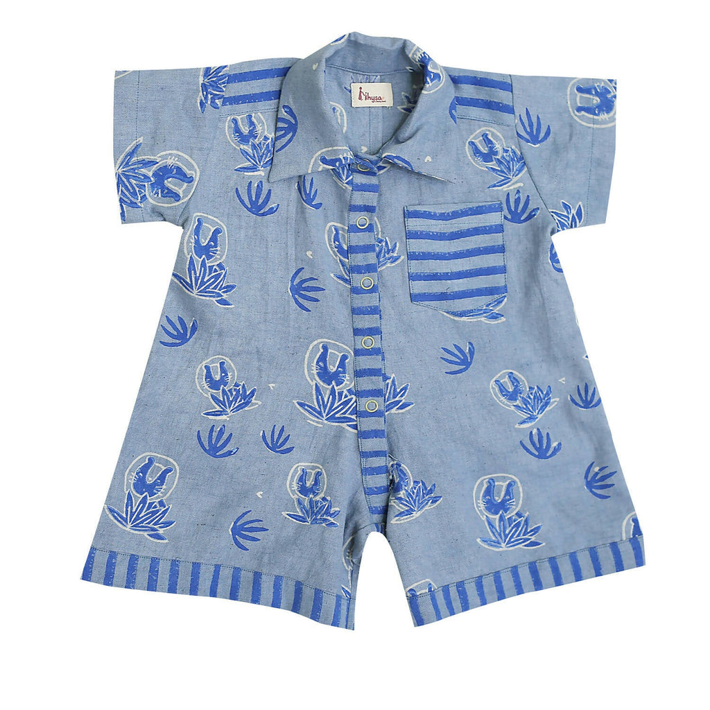 Mhyssa Blue Round Neck Patch Pocket Half Sleeves Romper For Kids