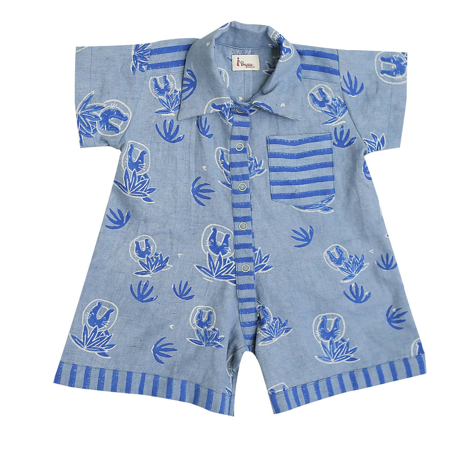 Mhyssa Blue Round Neck Patch Pocket Half Sleeves Romper For Kids