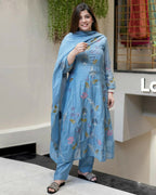 The52 Blue Women's Beautiful Cotton Fabric Thread Work Straight Kurta, Pant and Dupatta Set - Distacart
