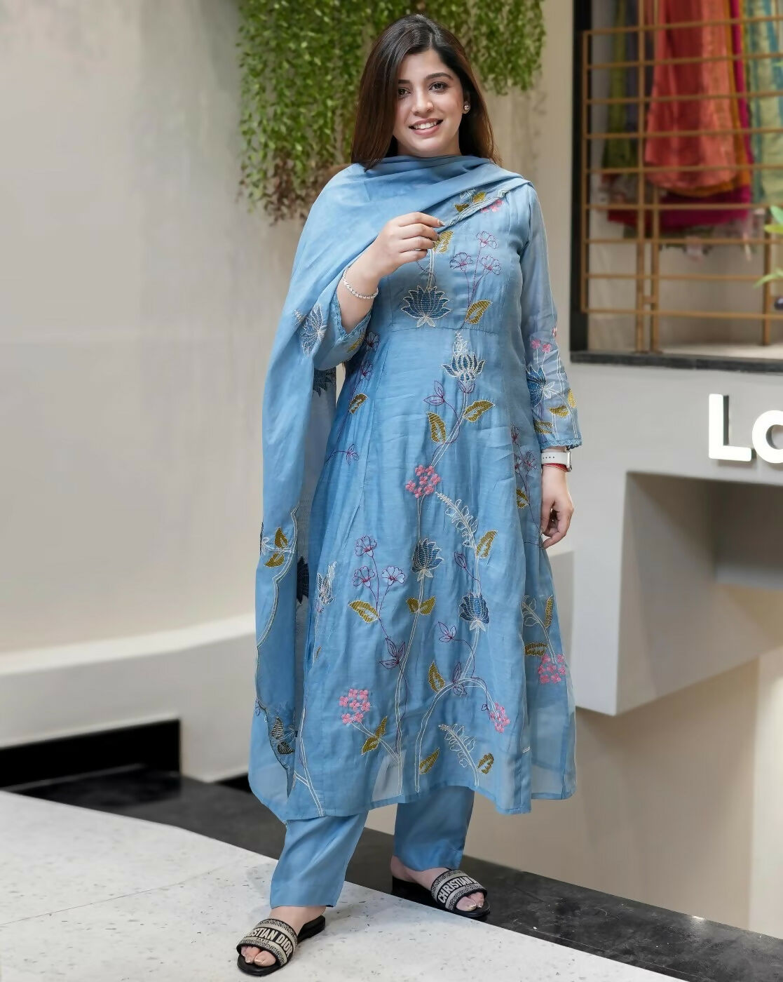 The52 Blue Women's Beautiful Cotton Fabric Thread Work Straight Kurta, Pant and Dupatta Set - Distacart
