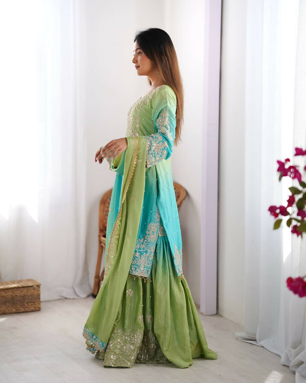 The52 Women's Beautiful Chinon silk Fabric Embroidery Work Straight Kurta Palazzo and Dupatta Set - Distacart