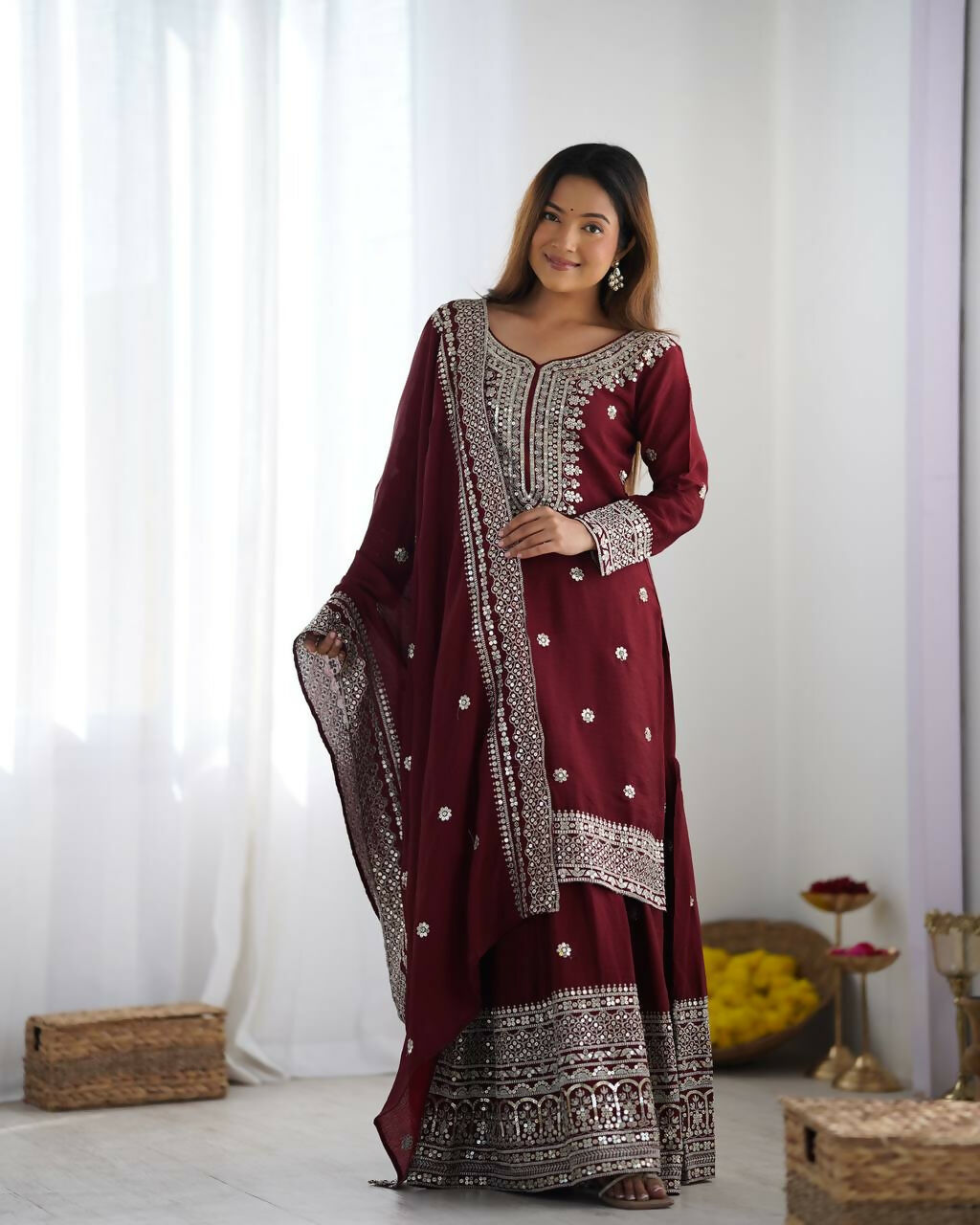 Joban Fashion Maroon Kurta Set Silk Sequins , Zari, Coding & Thread Embroidered work - Distacart