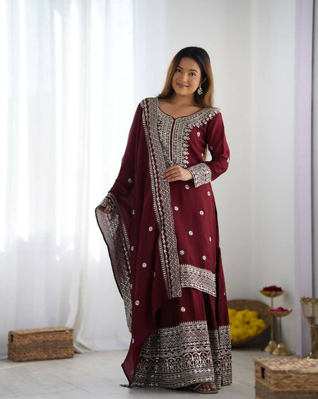 Joban Fashion Maroon Kurta Set Silk Sequins , Zari, Coding & Thread Embroidered work