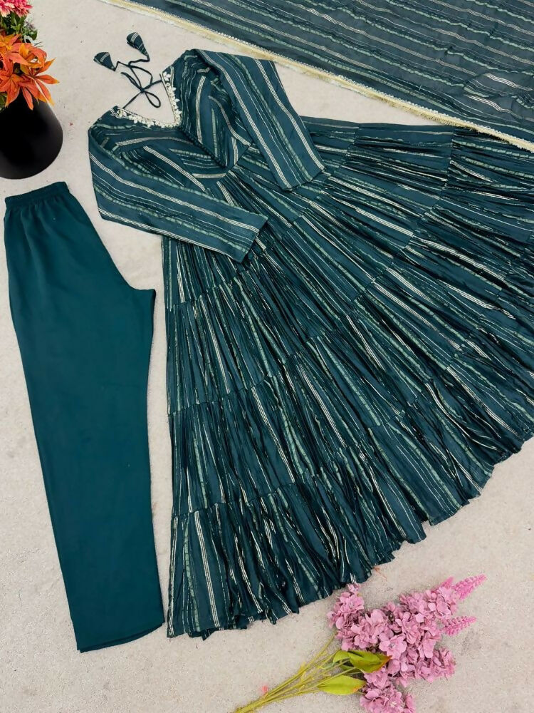Teeya Creation Teal Color Mal Chanderi Silk Hand Embroidery Work Long Gown - Distacart