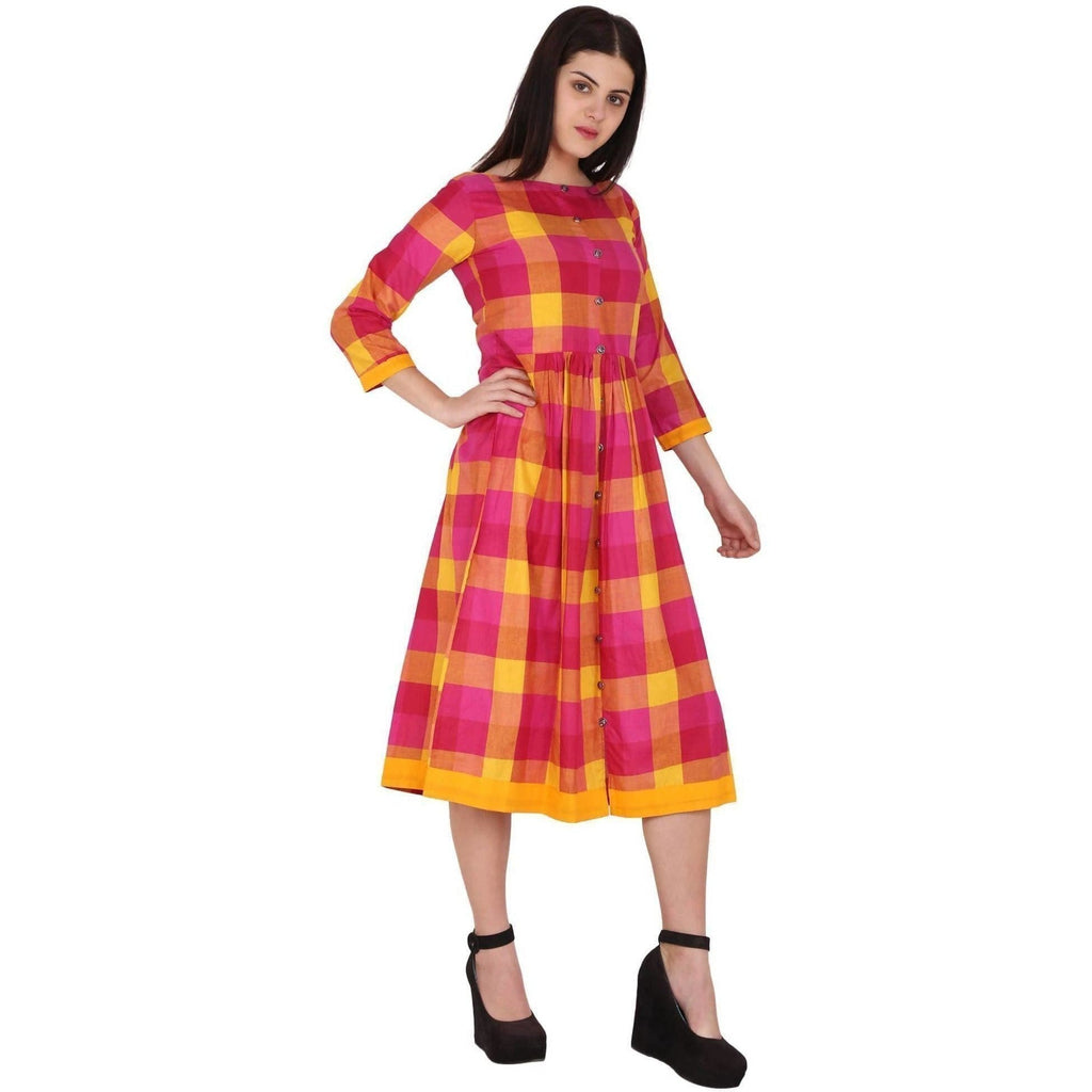 Kanoor Women's Pink and Yellow Rayon Frock Style Kurti