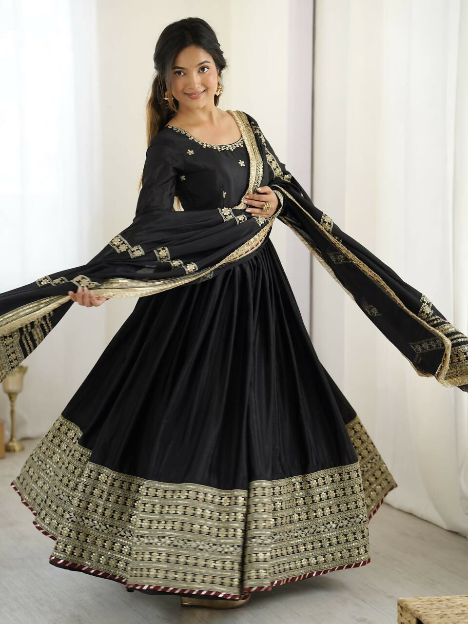 The52 Women's Gorgeous Chinon Silk Fabric Embroidery Work Flared Anarkali Pant and Dupatta Set - Distacart