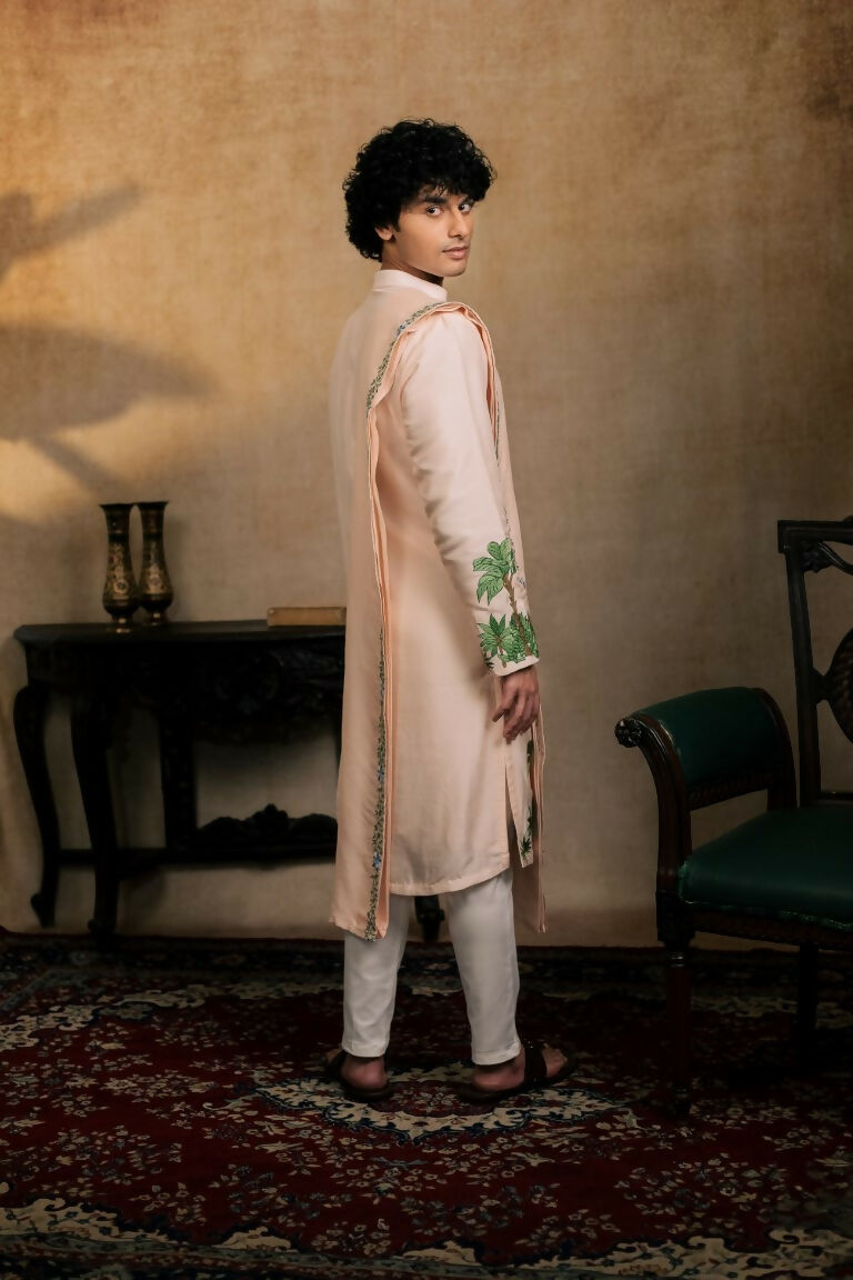 Falling Raw Silk Peach Gajavana Kurta Set By Hilo Design