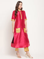 Ahalyaa Women's Dark Pink Poly Silk Kurta Trouser Set