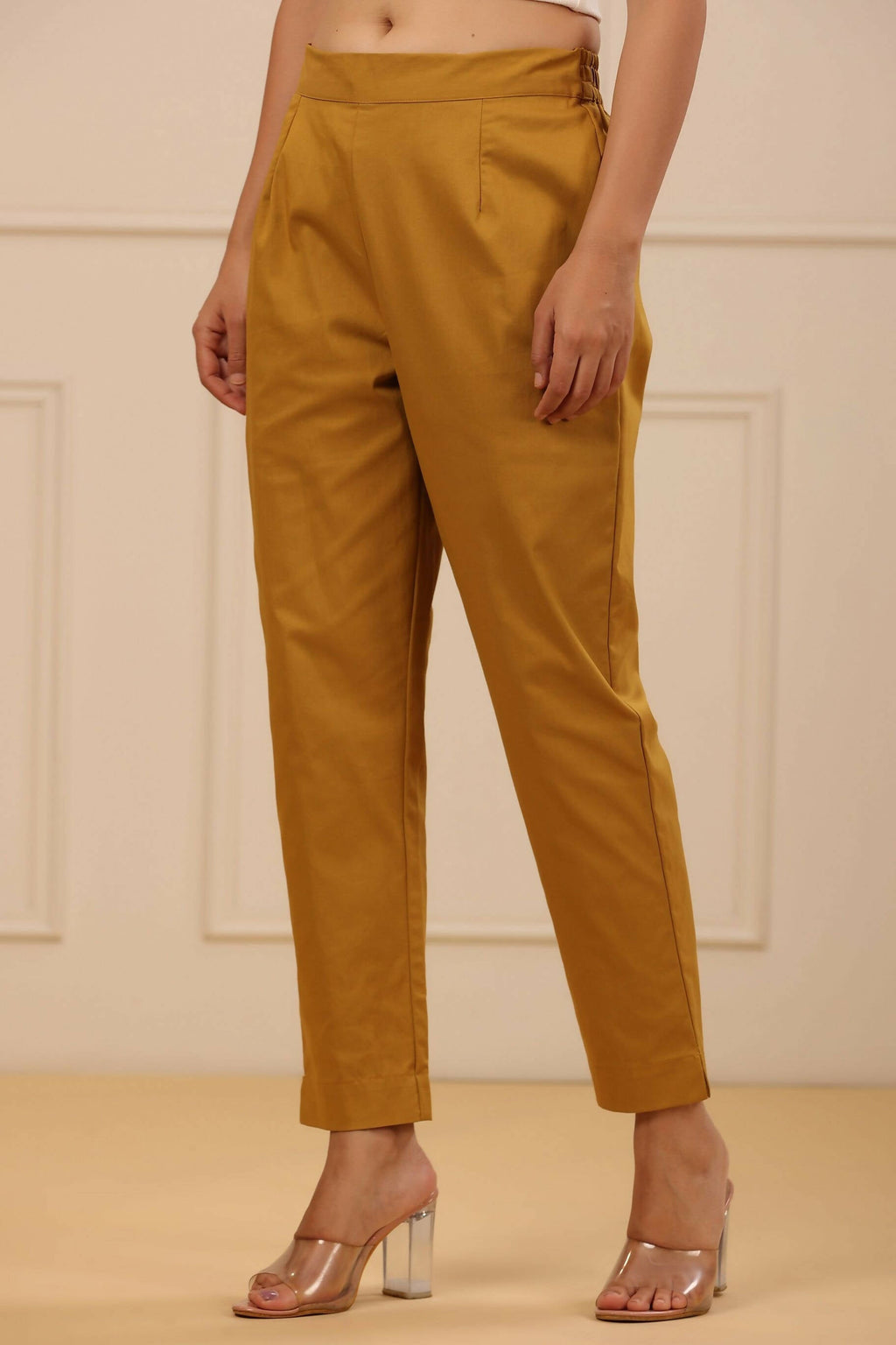 Juniper Women's Mustard Cotton Spendex Solid Straight Pant - Distacart