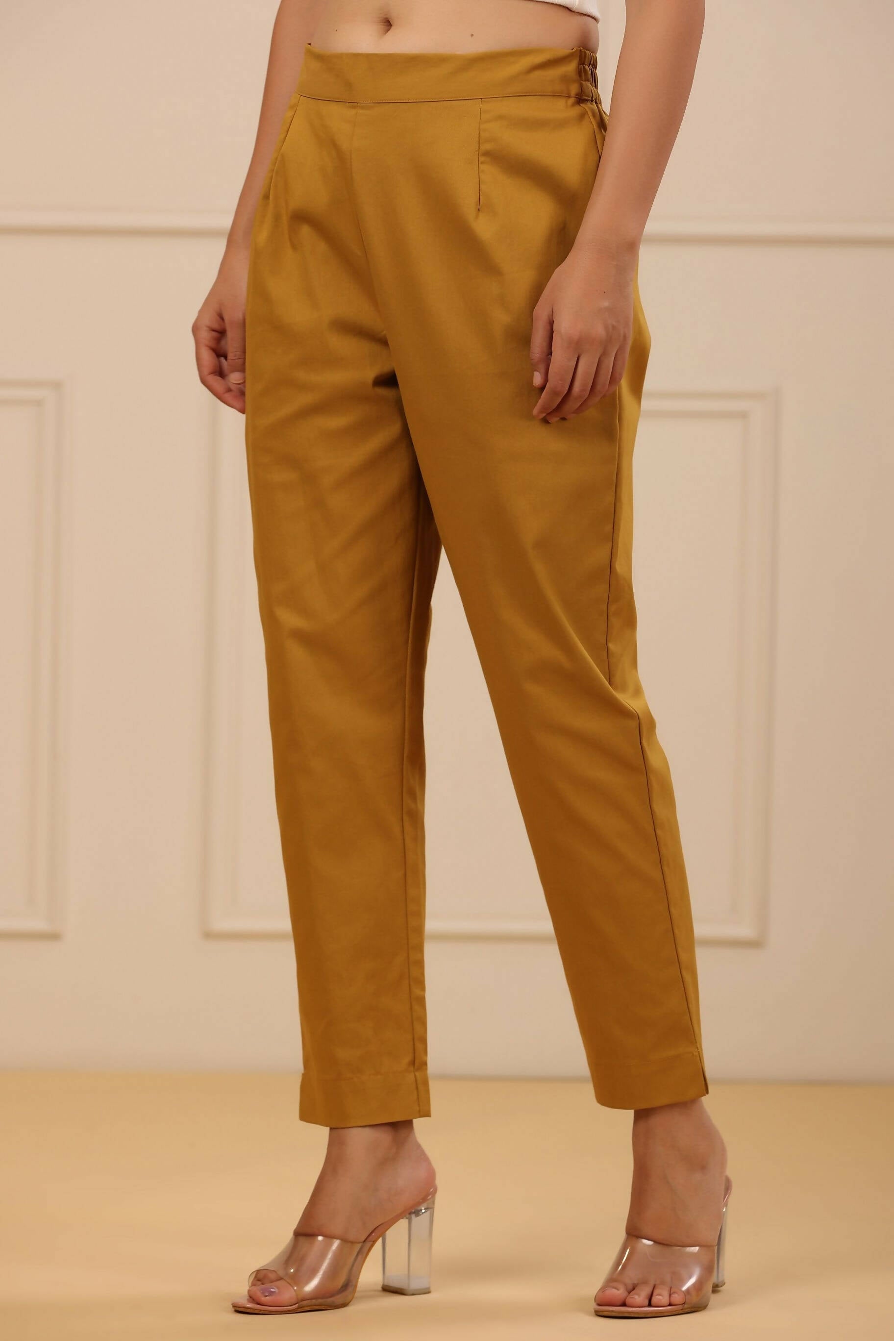 Juniper Women's Mustard Cotton Spendex Solid Straight Pant - Distacart