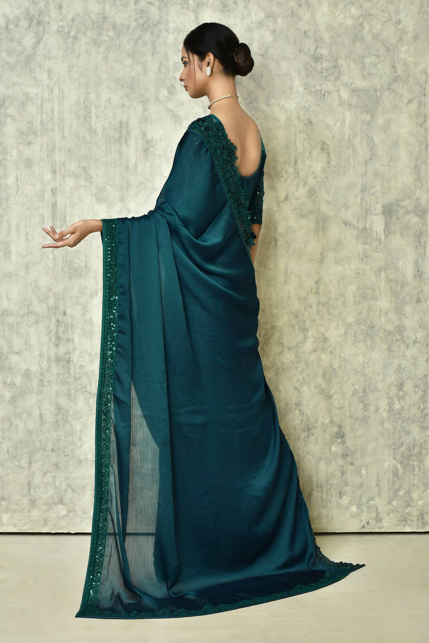 Teal Silk Solid Designer Saree with Blouse - Purvi