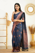 DEIANA'S Beautiful Designer Golden zari Soft Lichi Silk Saree - Navy Blue