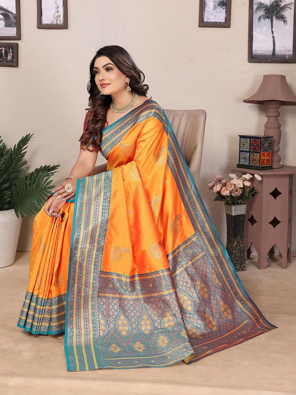 Joban Fashion Banarasi Orange Small Butti Soft Silk Saree - Distacart