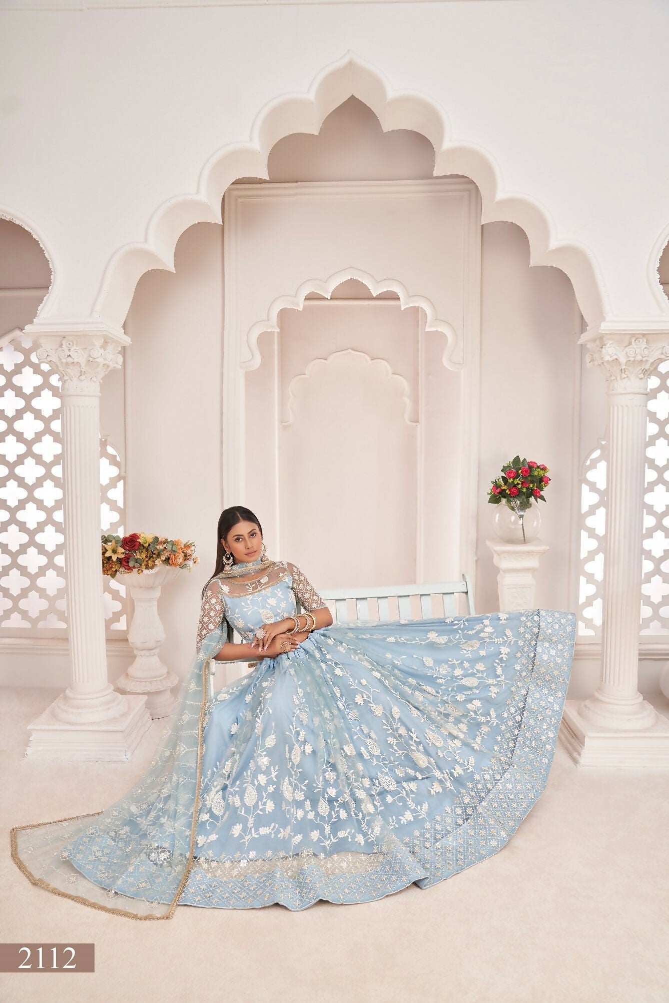 Eilara Women'S Sky Blue Butterfly Net Embroidered Thread Work Festivals Lehenga Choli