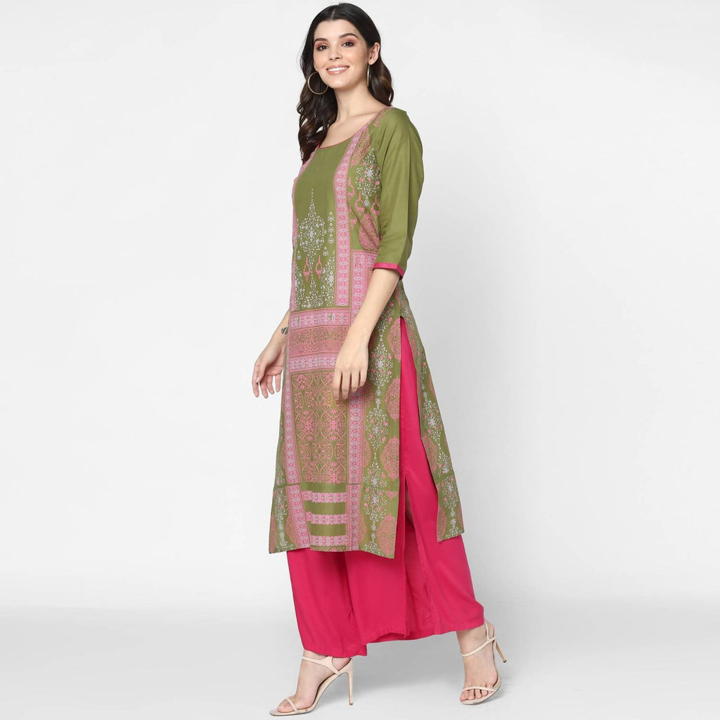 Cheera Hand Block Print Military Color Straight Kurta (MAAI-047K)