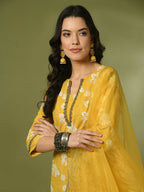 Myshka Women's Yellow Printed Cotton Straight Party Kurta Set With Dupatta