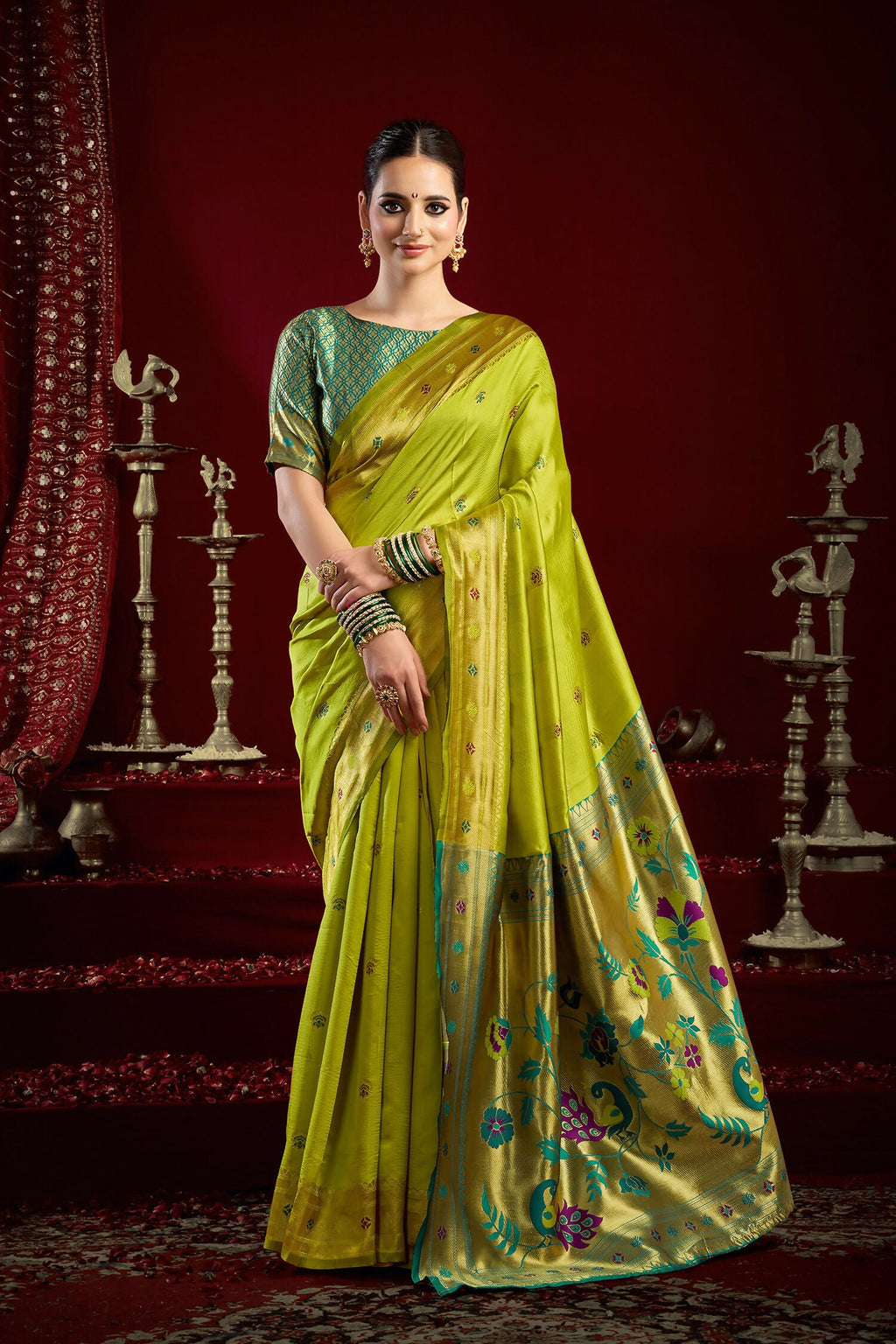 Joban Fashion Mustard Green Paithani Silk Blend Butti Saree - Distacart