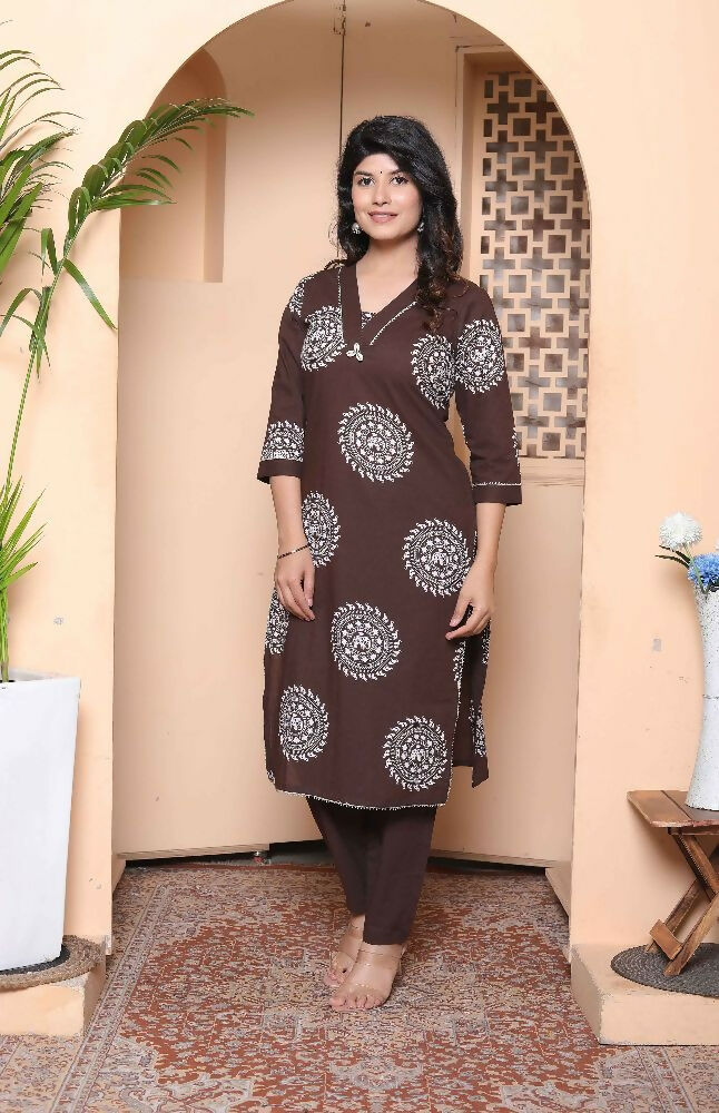 Miravan Womens Brown Animal Printed Kurta With Palazzo