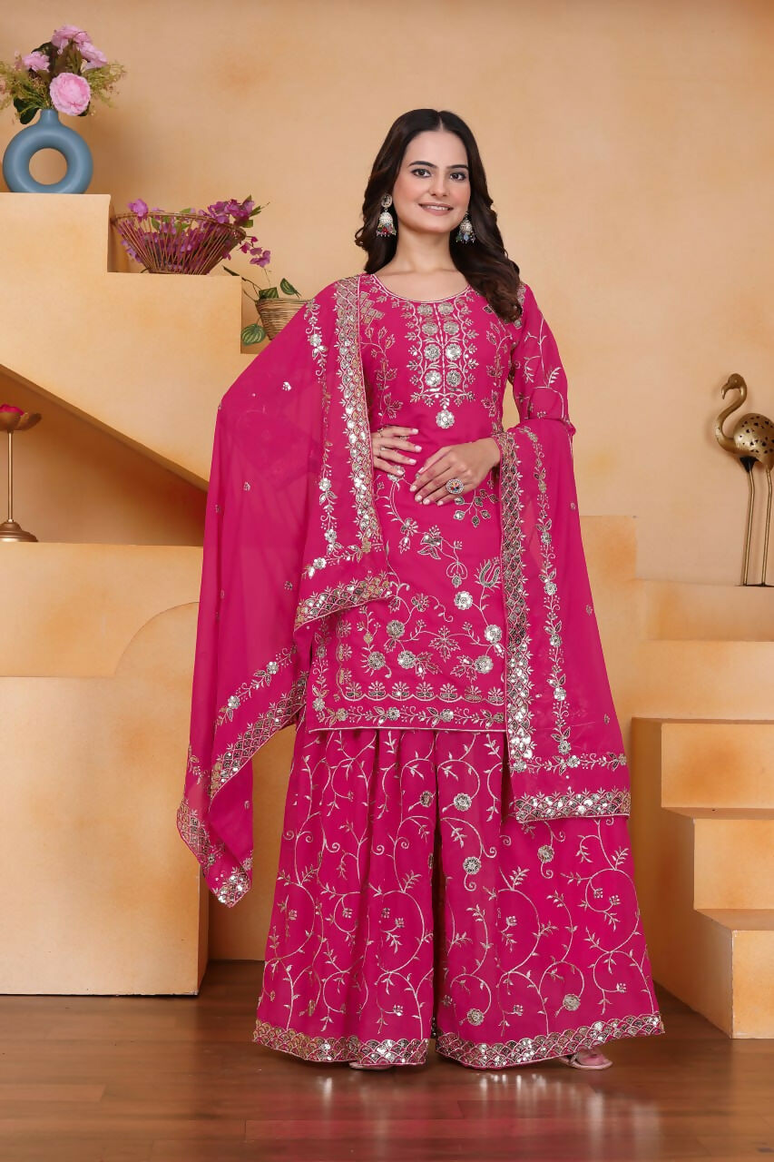 Teeya Creation Pink Color Faux Georgette Embroidery Work Wedding Wear Palazzo Set - Distacart