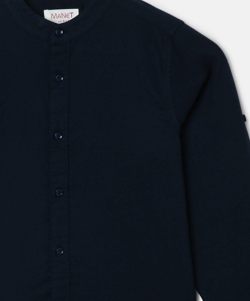 Manet Boys Mandarin Collar Full Sleeves Melange Shirt - Navy Blue
