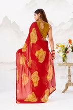 Vastranavya Red Floral Print with Lace Border work Chiffon Saree & Unstitched Blouse - Distacart