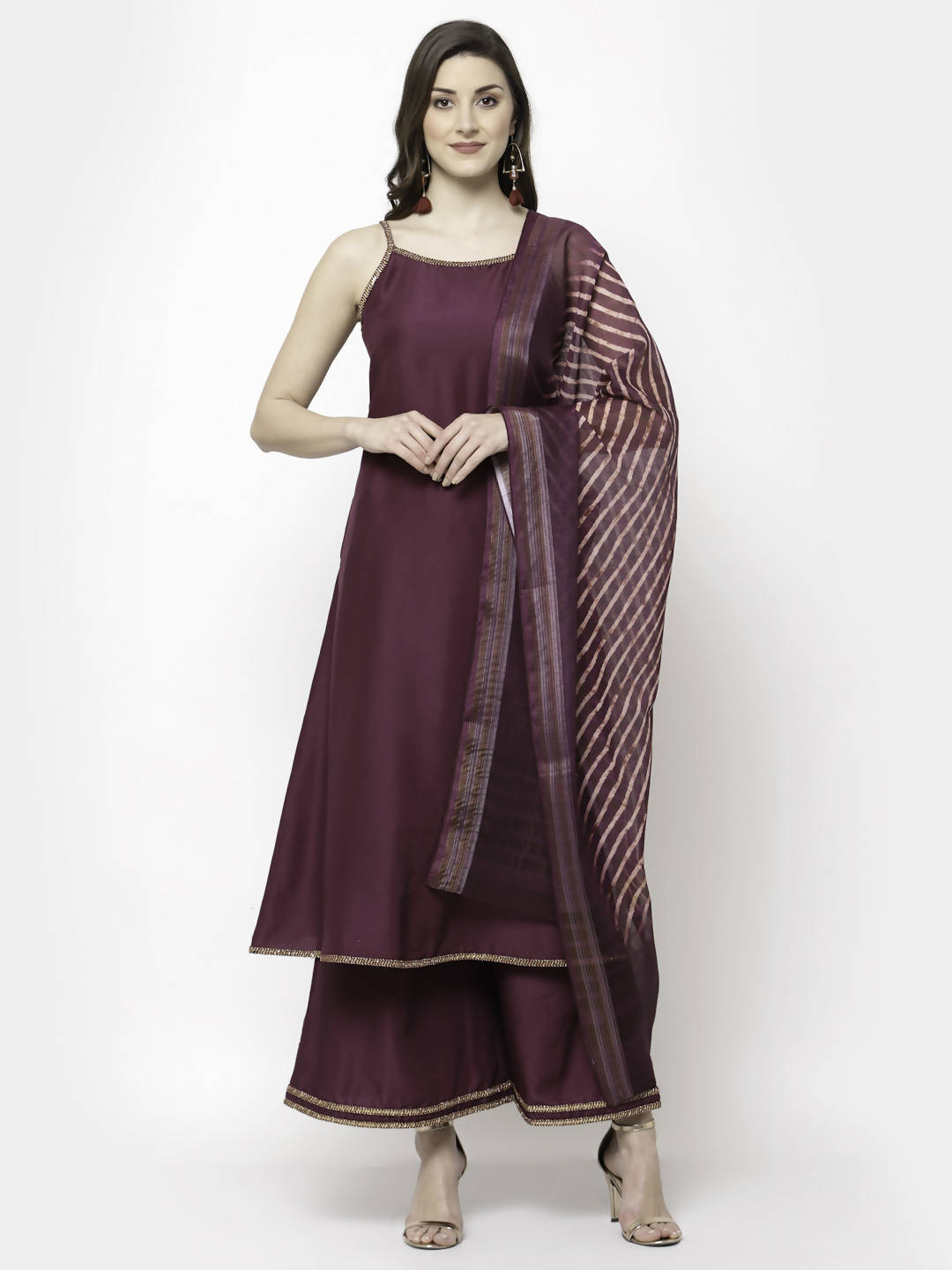 Myshka Marron Silk Blend Solid Sleeveless Round Neck Kurta Palazzo Dupatta Set