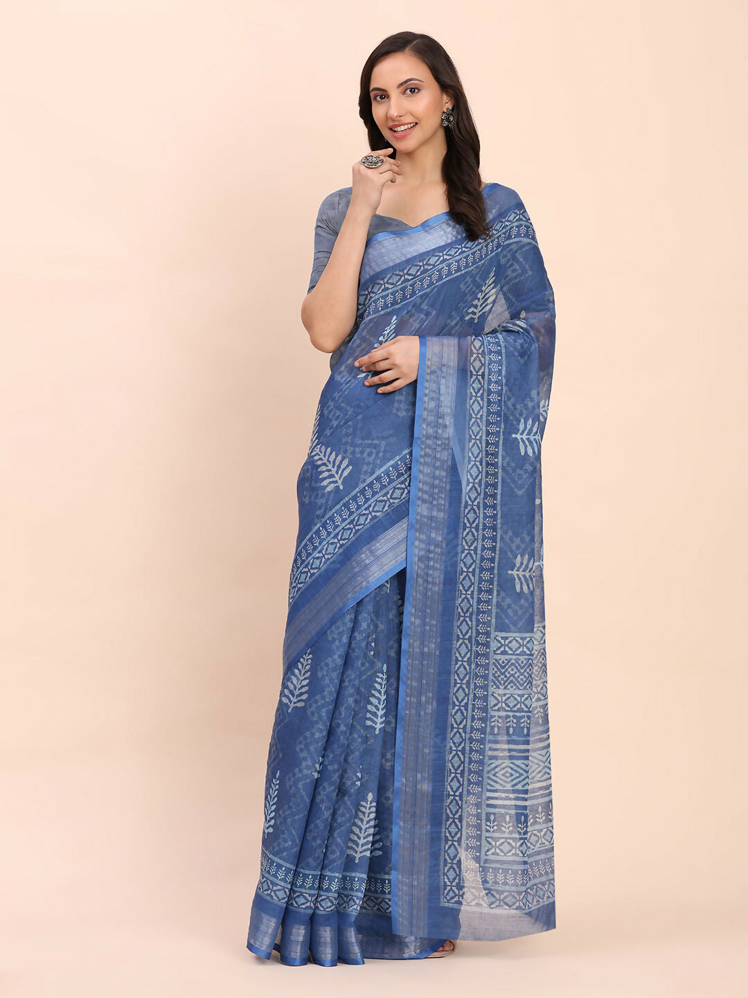 Shree Shyam Fashion Linen Cotton Indigo Blue Saree - Distacart
