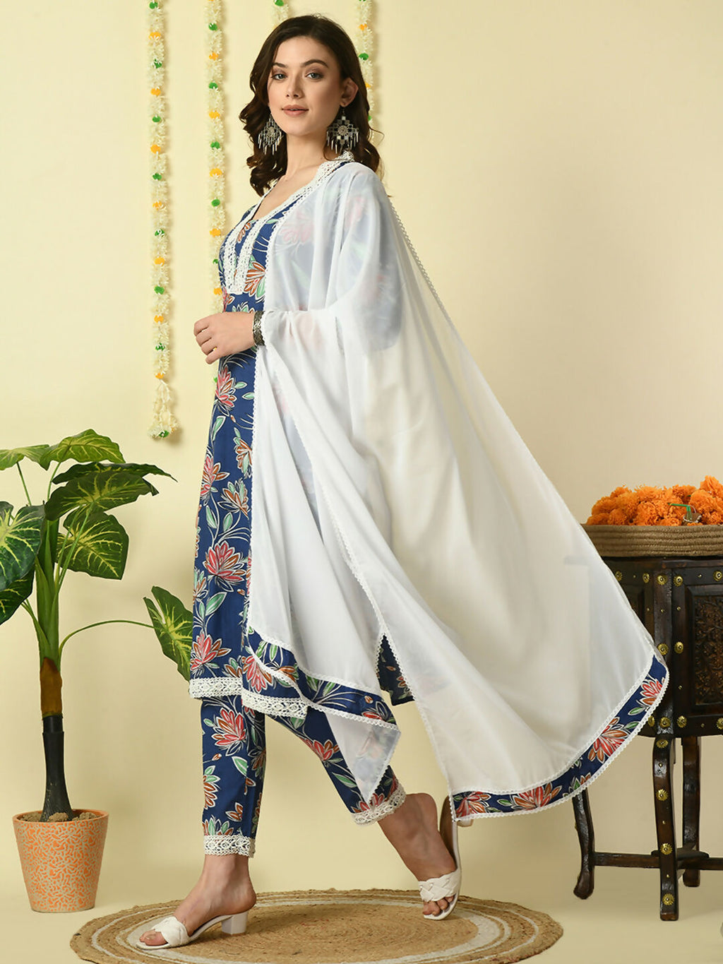 Myshka Women's Blue Pure Cotton Kurta & Trousers With Dupatta Party Sets