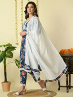 Myshka Women's Blue Pure Cotton Kurta & Trousers With Dupatta Party Sets