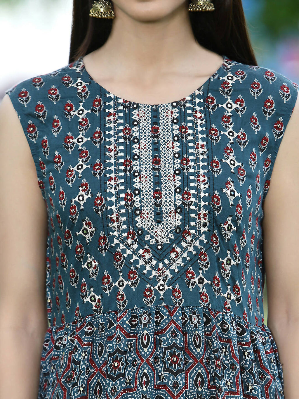 Juniper Women Teal Chanderi Festive Printed Tiered Kurta - Distacart