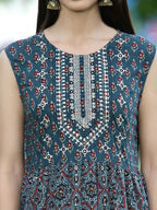 Juniper Women Teal Chanderi Festive Printed Tiered Kurta - Distacart