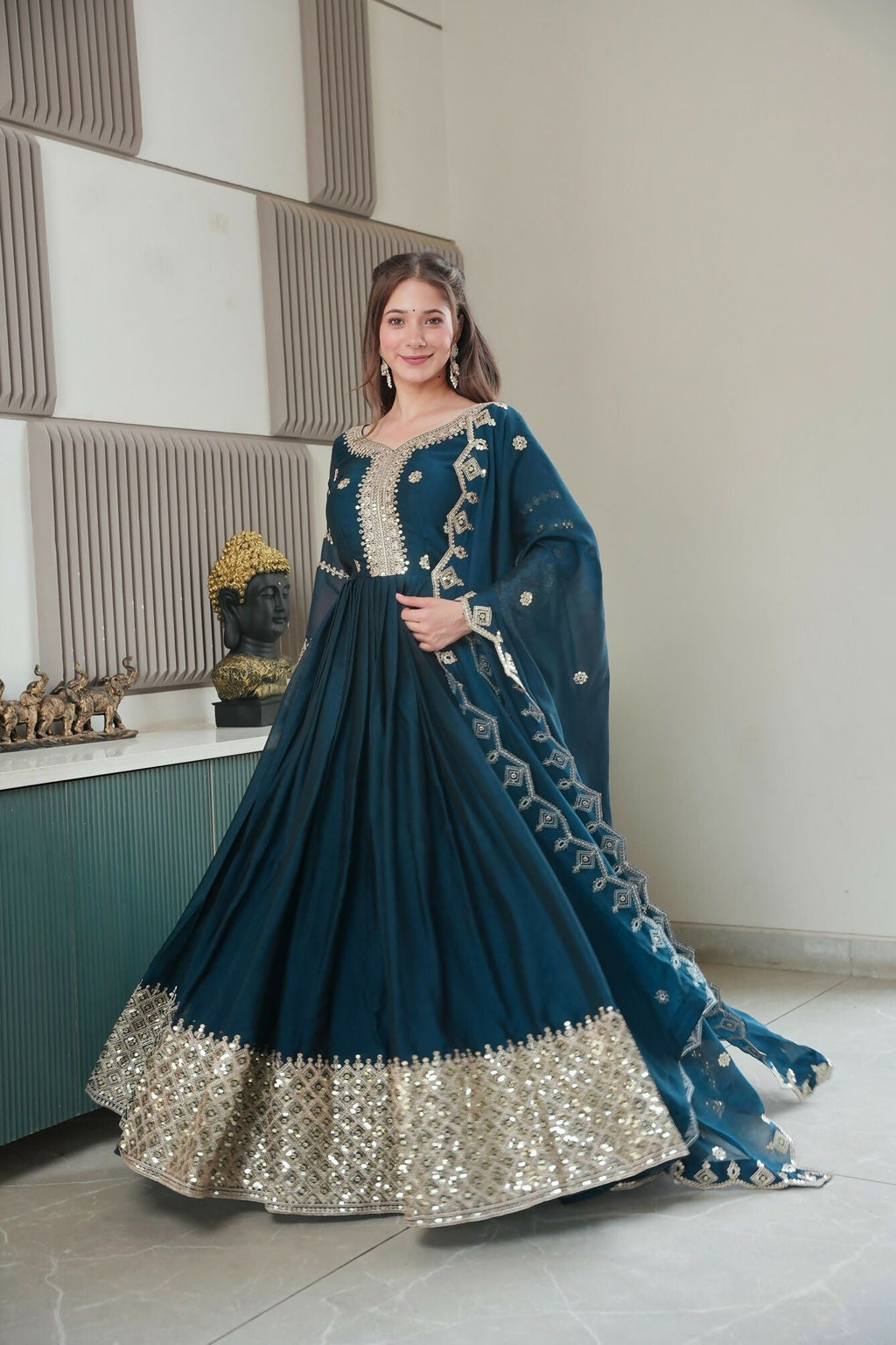 Teeya Creation Teal Color Heavy Crush Silk Wedding Wear Embroidery Work Long Gown - Distacart