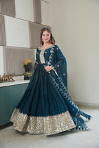 Teeya Creation Teal Color Heavy Crush Silk Wedding Wear Embroidery Work Long Gown - Distacart