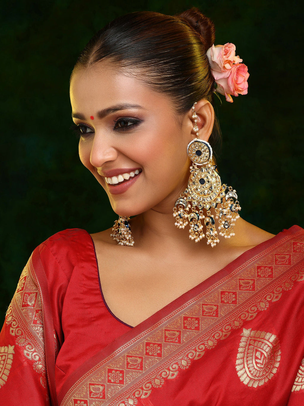 Ruby Raang 22k Gold Polished Kundan Chand Earrings With Ear Chains - Distacart