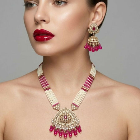 Jewel City Long Pearl Mala Golden Rainbow Diamond Studded Jumkee Tikka Necklace Set