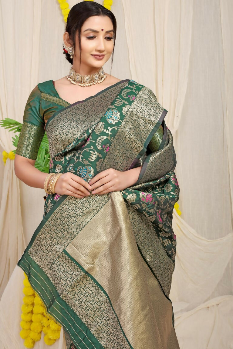 Jyoti Fashion Women's Bottle Green Kanjivaram Silk Zari Woven Saree with Blouse - Distacart